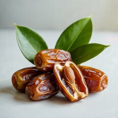  Brown Dates With green leaves, high quality image, white background