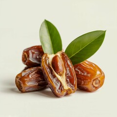  Brown Dates With green leaves, high quality image, white background