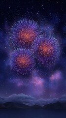 Fireworks explosion celebration vibrance concept. Vibrant fireworks illuminate a starry night sky over distant mountains and a calm water surface.