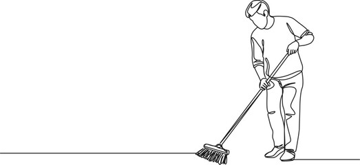 continuous single line drawing of man using broom to sweep floor, line art vector illustration