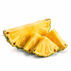 Three juicy pineapple slices arranged in a natural layout, showcasing their bright yellow color and fibrous texture.