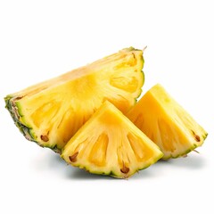 Three juicy pineapple slices arranged in a natural layout, showcasing their bright yellow color and fibrous texture.