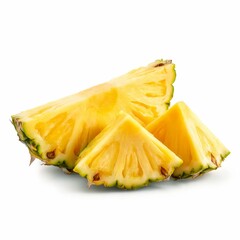 Three juicy pineapple slices arranged in a natural layout, showcasing their bright yellow color and fibrous texture.