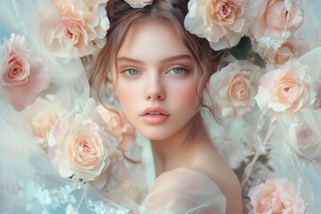 Naklejka premium Beautiful woman surrounded by pastel roses