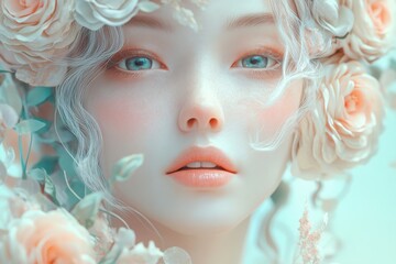 Portrait of a young woman surrounded by roses