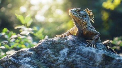 Iguana Resting on Rock Basking in Sunlight in Tropical Forest