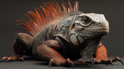 Close-up of Impressive Iguana with Orange Spikes Resting on Dark Background