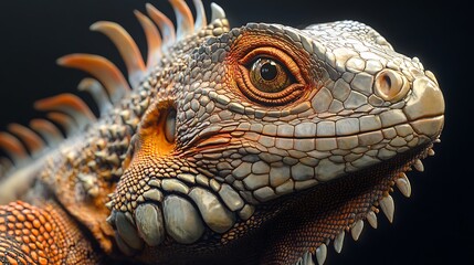 Close-up of an Orange Iguana Head with Scales on Dark Background