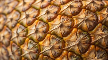 A close up view of a pineapple's textured, golden skin shows its natural beauty.