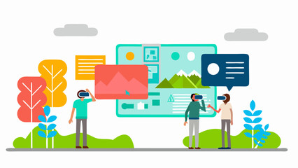 Immersive learning Students collaborating with VR headsets to explore virtual worlds for education with flat