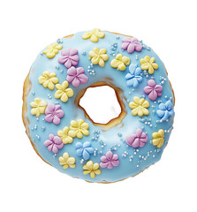 Delicious donut decorated with colorful flowers on transparent background