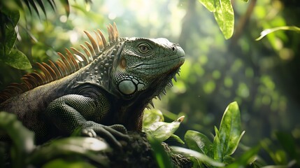 Resting Iguana Close-up Portrait in Tropical Forest Setting with Sunlight