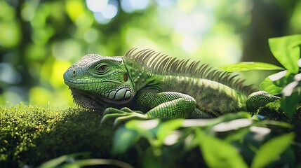 Green Iguana Resting on Mossy Branch in Lush Tropical Environment