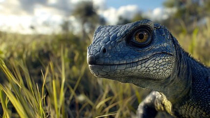 Close-up of a Blue Komodo Dragon Looking Out in a Grassy Field