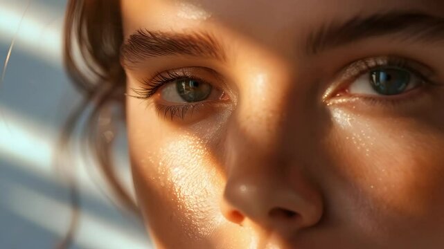 Close up of woman face with natural skin texture, soft sunlight and shadow highlighting eyes, creating warm and calm mood