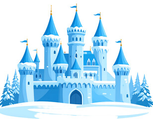 Icy blue castle on snowy ground