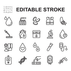 Collection of blood related icons. Thin line style vectors. Contains icons such as blood donor, laboratory, blood transfusion, blood bag and many more.