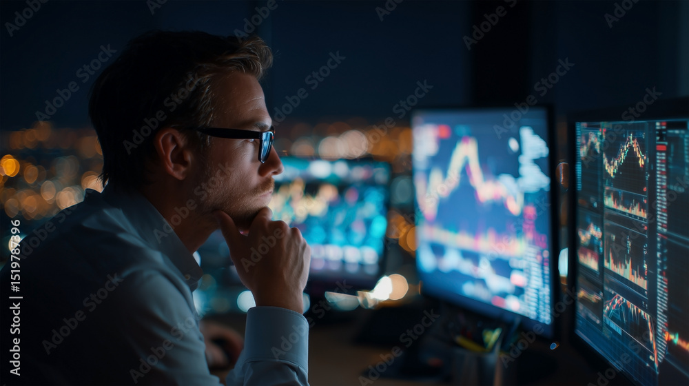 Poster a man is looking at a computer monitor with a lot of numbers on it