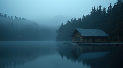 Fototapeta premium Misty lake cabin at dawn