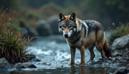 Obraz premium Majestic Gray Wolf Positioned Near Forest Stream