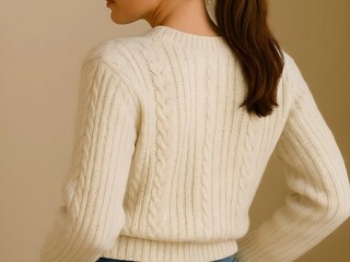 Relaxed Knitwear Pose – Stylish Woman in White Sweater and Jeans
