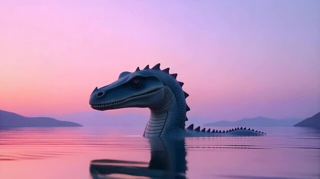 Loch ness monster in a lake , long neck, small head, water reflections, smooth skin, dinosaur , plesiosaur
