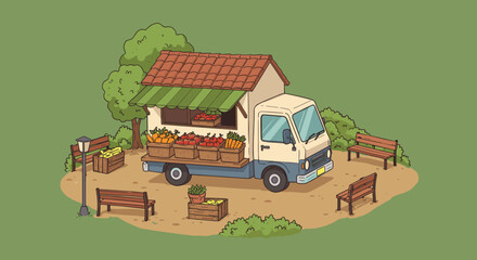 Obraz premium Farmers market truck with produce and benches