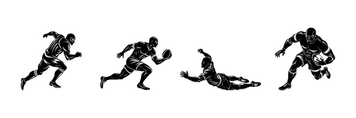 Vector Rugby Player Clipart Black Silhouette Design Set for Sports Themes
