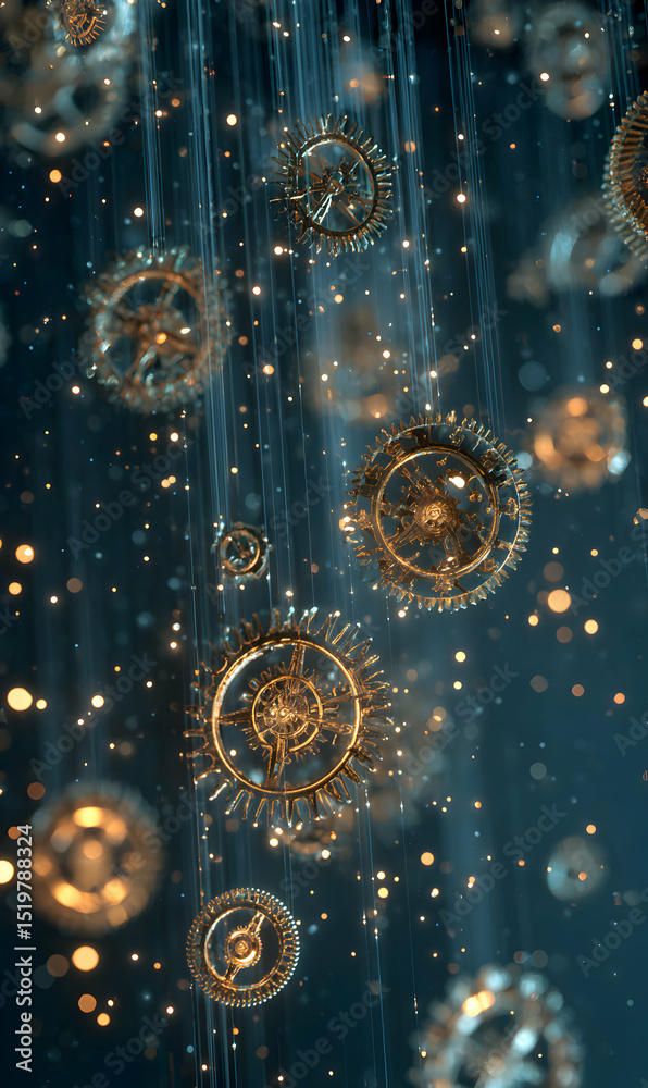 Poster steampunk gears and cogs cascading through a stream of light shining a unique and abstract mechanica