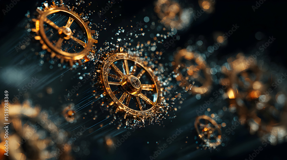 Poster intricate golden gears suspended in motion surrounded by sparkling particles creating dynamic moveme