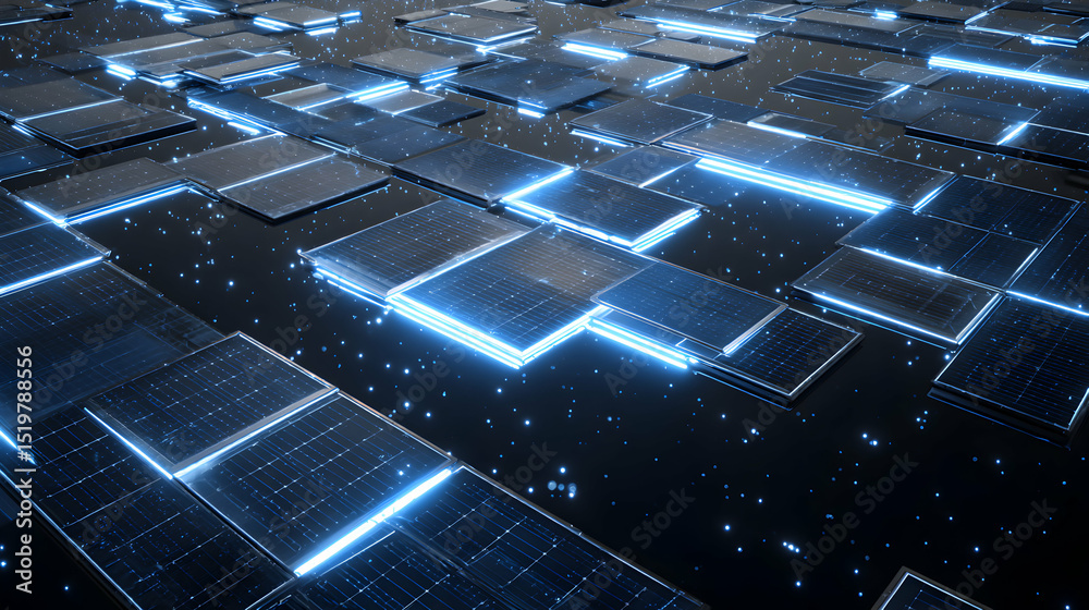 Poster futuristic grid pattern with glowing blue edges floating over a dark surface creating depth illusion