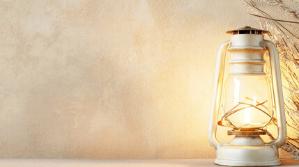 Obraz premium Vintage lantern with warm flame illuminates soft background, creating cozy atmosphere
