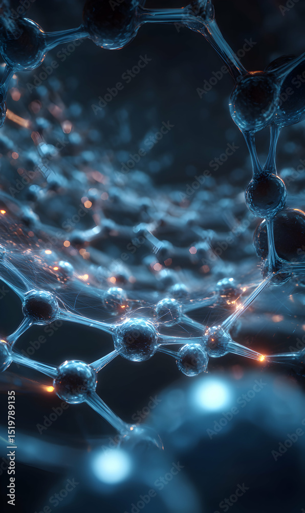Poster intricate molecular structure illuminated with ethereal glow displaying complex interconnectedness f