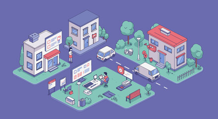 Isometric city scene with buildings and traffic