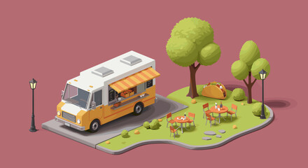 Isometric food truck park outdoor dining scene
