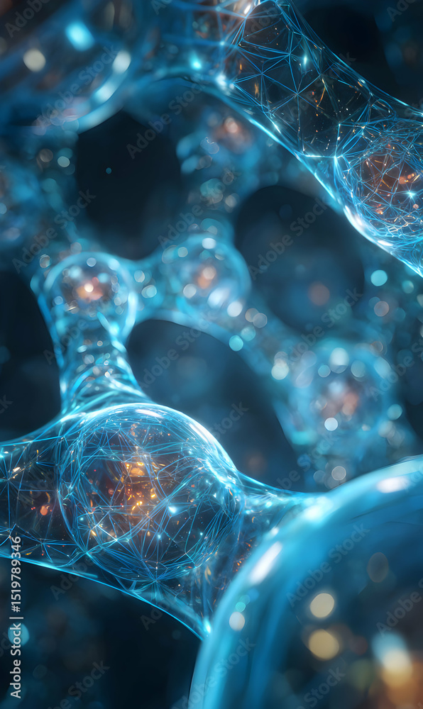 Poster abstract network visualization showcasing interconnected nodes and glowing data pathways creating a 