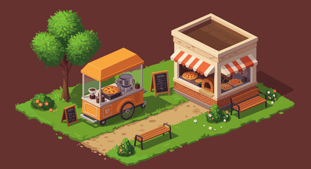 Obraz premium Isometric pizza store and cart on grass