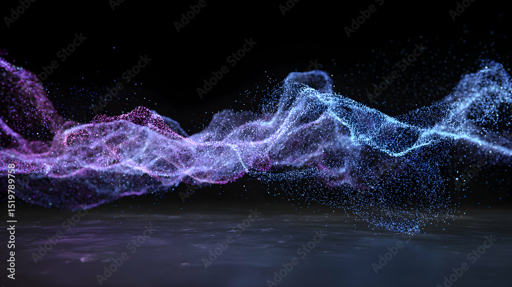 Poster dynamic wave of luminous particles flowing across a dark backdrop creating a mesmerizing visual effe