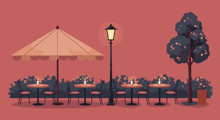 Outdoor restaurant tables evening scene