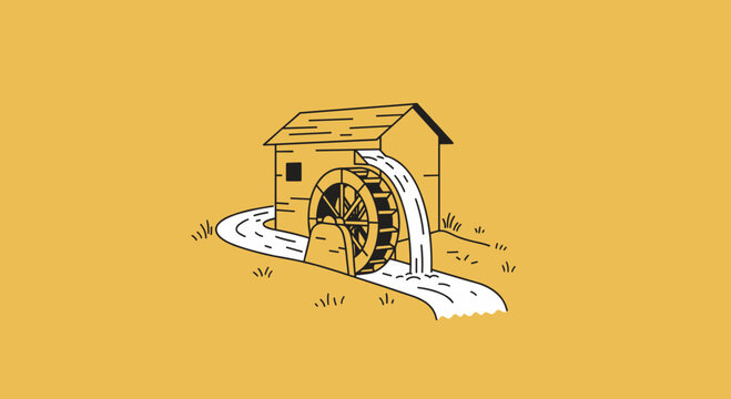 Old watermill house with wheel and stream