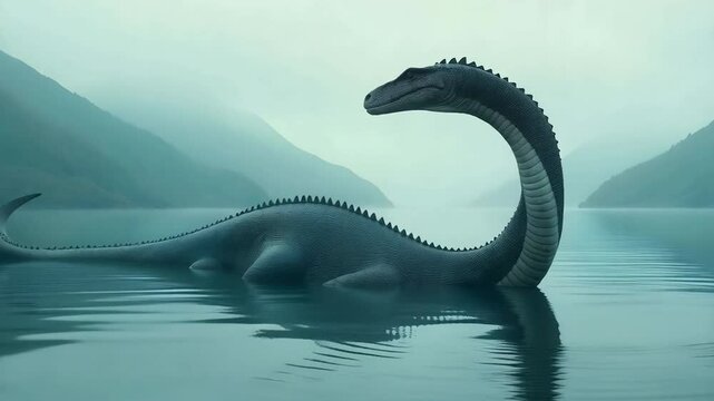 Loch ness monster in a lake , long neck, small head, water reflections, smooth skin, dinosaur , plesiosaur