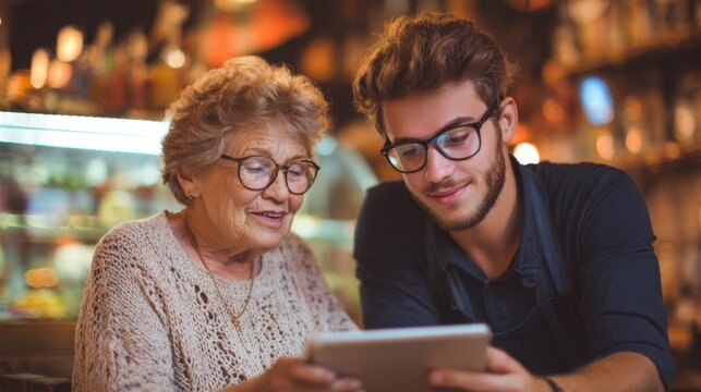 a young man assists a senior woman with a tablet in a cozy coffee shop, featuring warm tones and a friendly atmosphere