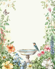 Serene Garden Bird Bath Watercolor Illustration Floral Frame, Tranquil Nature Scene, Spring Flowers, Birds, Butterflies