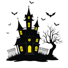 A spooky haunted house stands on a hill with bats flying around it during Halloween season.
