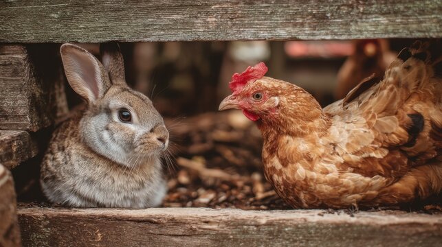 A rabbit and a chicken curiously explore a backyard, enjoying their time together in a serene garden setting