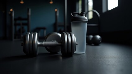 Dumbbells and protein shaker in modern gym.