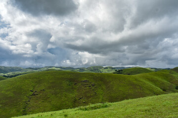 Rolling green hills and dense forests stretch towards a cloudy sky, showing rural landscape of...