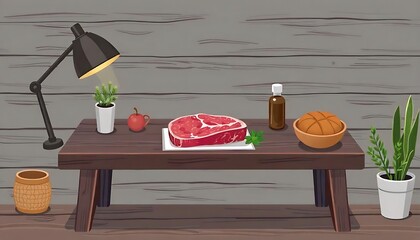 Rustic Still Life: Fresh Steak, Bread, and Greens on a Wooden Table