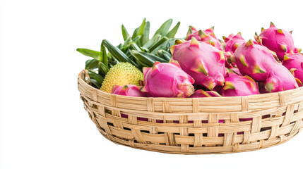 Obraz premium Fresh dragon fruit and tropical vegetables in bamboo basket create vibrant display of colors and textures