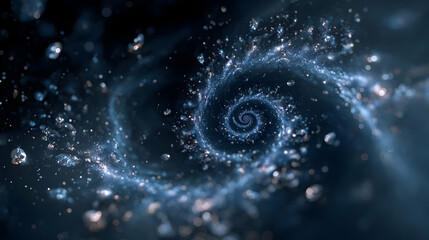 Abstract cosmic spiral nebula illustration with glittering particles and swirling galaxy design